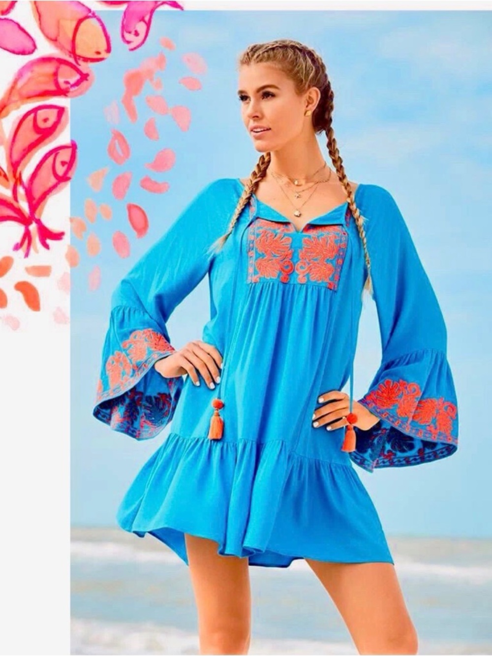 Lilly Pulitzer Amisa Tunic Dress Sparkling Blue Embroidered Tassels Coral XL